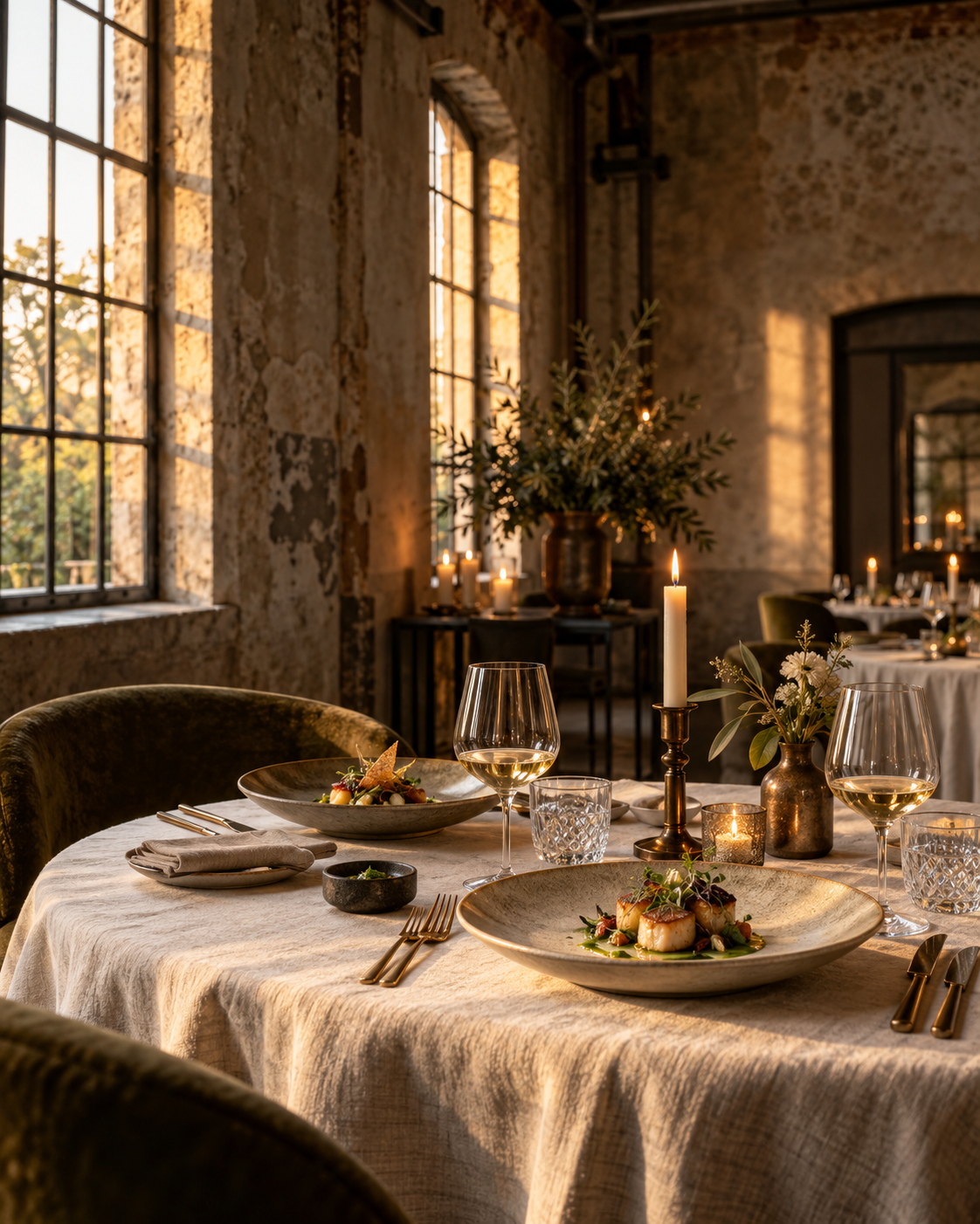 A candlelit table ready for a Linnenhof event